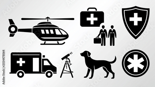 Black and white rescue and disaster relief icons helicopter ambulance search dog, emergency response graphics, crisis assistance symbols, humanitarian aid illustrations, safety