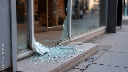 Shattered shop window with broken glass on the sidewalk, illustrating damage, vandalism, street crime, and urban decay in a city environment
