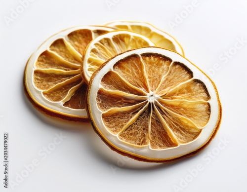 clusters of dried lemon slices isolated on bright white background with copy space