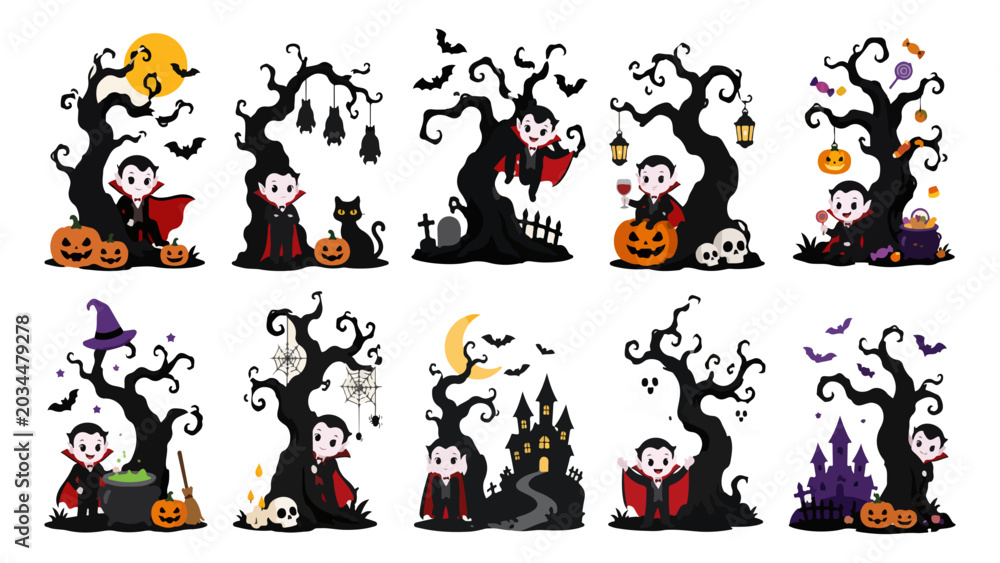Obraz premium Cute Halloween vampire character collection with spooky tree, pumpkin, ghost, candy, and haunted house vector illustrations for a happy Halloween background or border design