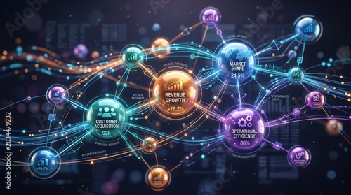 Digital business network connecting key performance indicators and global markets