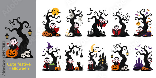 Cute Halloween vampire character collection with spooky tree, pumpkin, ghost, candy, and haunted house vector illustrations for a happy Halloween background or border design
