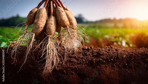 cassava plant roots exposed in soil agricultural farming concept