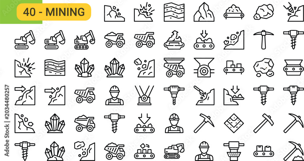 Fototapeta premium Flat design mining industry icons set with construction and excavation tools vector illustration
