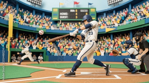 Paper cut baseball player swinging a bat in a dynamic sports scene. Handcrafted layered art with a paper athlete in a stadium