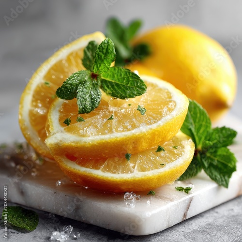 Fresh Lemon Slices with Mint Leaves on Marble Board, Close-up