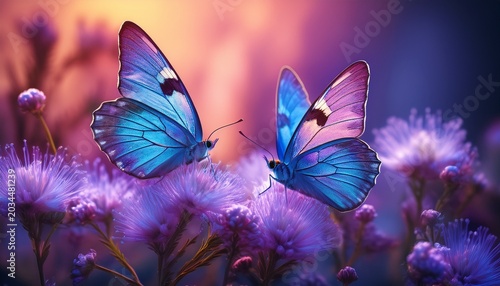 two blue butterflies with vibrant color gradients sit perched on top of purple flowers