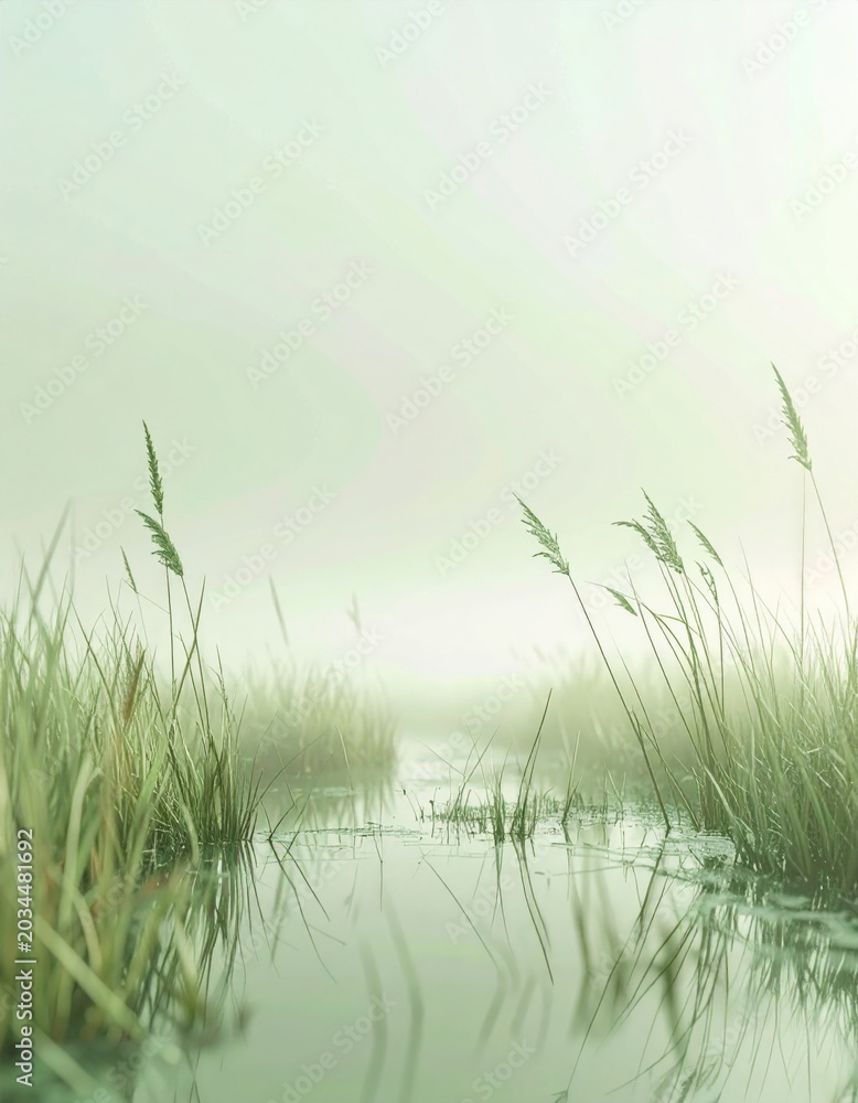 Obraz premium Tall Grass Emerging From Calm Waters Under Soft Foggy Morning Light