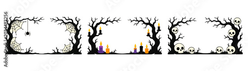 Cute Halloween border and background collection with spooky trees, pumpkins, ghosts, bats, skulls, candles, black cats, candy, and haunted house elements