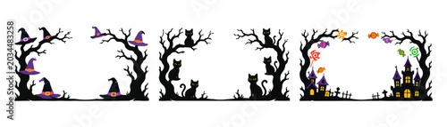 Cute Halloween border and background collection with spooky trees, pumpkins, ghosts, bats, skulls, candles, black cats, candy, and haunted house elements