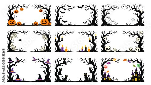 Cute Halloween border and background collection with spooky trees, pumpkins, ghosts, bats, skulls, candles, black cats, candy, and haunted house elements