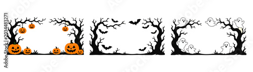 Cute Halloween border and background collection with spooky trees, pumpkins, ghosts, bats, skulls, candles, black cats, candy, and haunted house elements
