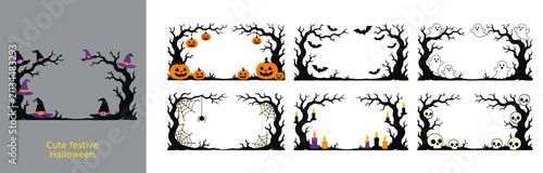Cute Halloween border and background collection with spooky trees, pumpkins, ghosts, bats, skulls, candles, black cats, candy, and haunted house elements