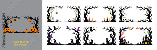 Cute Halloween border and background collection with spooky trees, pumpkins, ghosts, bats, skulls, candles, black cats, candy, and haunted house elements