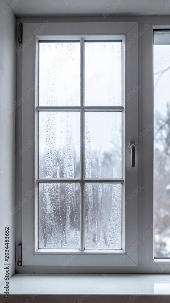Fototapeta premium Closed White Window Frame with Condensation Overlooking Winter Trees Outside
