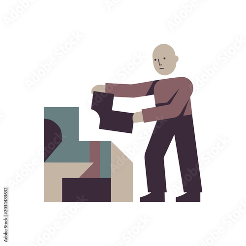 Person removing one redundant shape, simplifying the structure to strengthen deliberate reasoning. Stylized editorial character