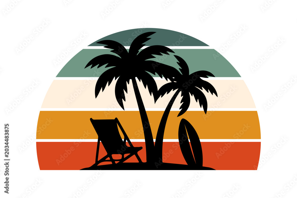 Obraz premium Retro vintage tropical beach sunset silhouettes vector illustration with palm trees and summer beach vacation graphic scenes. 