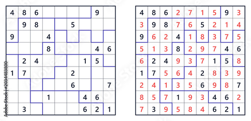 Jigsaw Sudoku puzzle with challenging level and number layout  