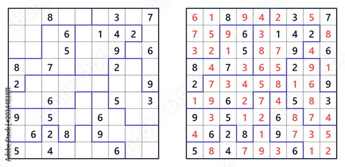 Jigsaw Sudoku challenging level puzzle with numbers in grids  
