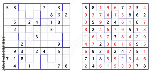 Jigsaw Sudoku puzzle with challenging level and color-coded numbers  