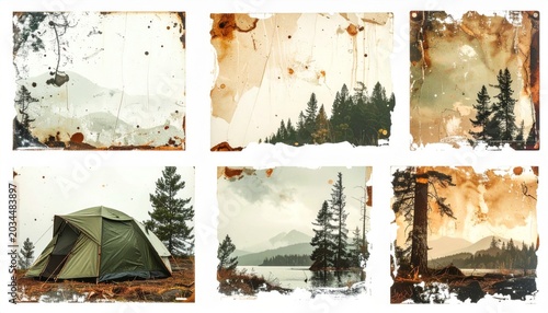 Assorted Mountain and Forest Scenes with Distressed Border Effects
