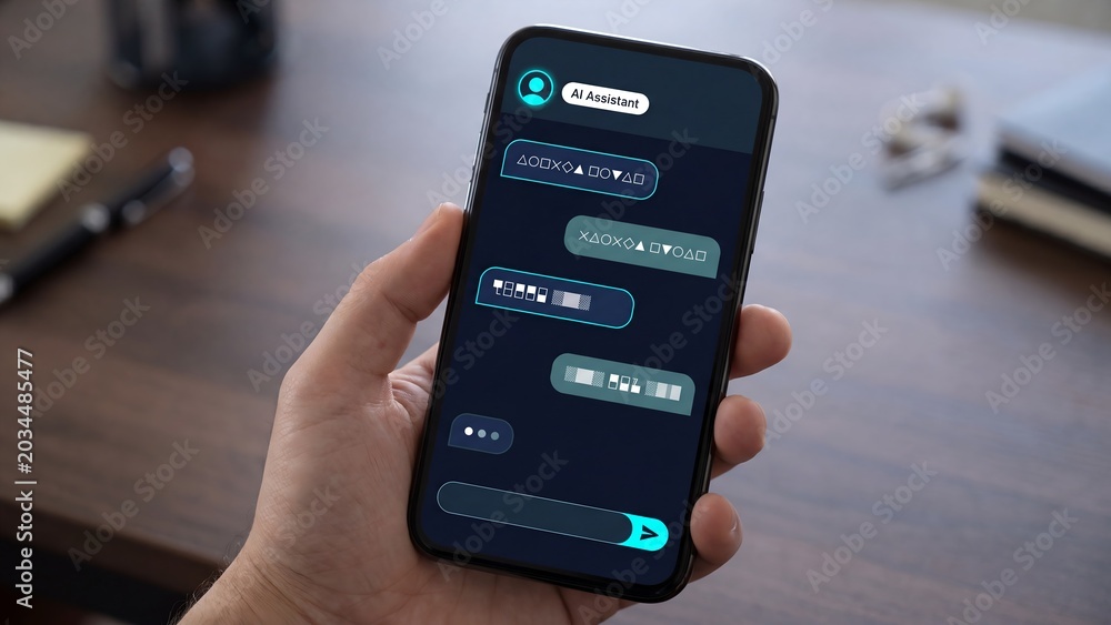 Obraz premium Hand Holding Smartphone with AI Assistant Chatbot Conversation Interface for Mobile Customer Support and Virtual Assistant