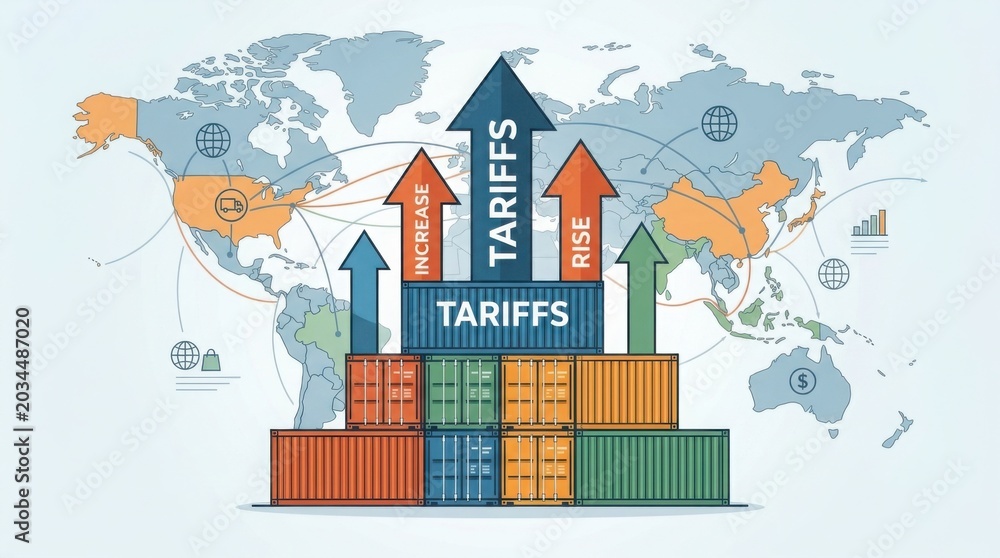 Fototapeta premium Global trade tariffs rising with cargo containers and world map illustration