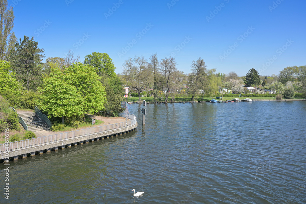 Fototapeta premium Alte Spree stößt auf Müggelspree, hinten Baumgarteninsel, Köpenick, Bezirk Treptow-Köpenick, Berlin, Deutschland