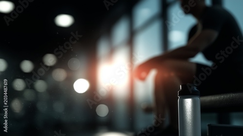 Creatine monohydrate powder near a person resting after workout at gym