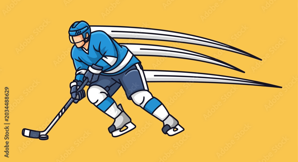 Fototapeta premium Ice Hockey Player in Blue Uniform Skating Fast on Yellow Background