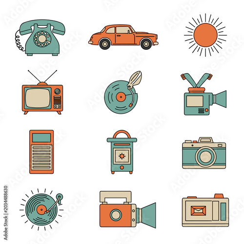 Collection of classic car and vintage technology icons.