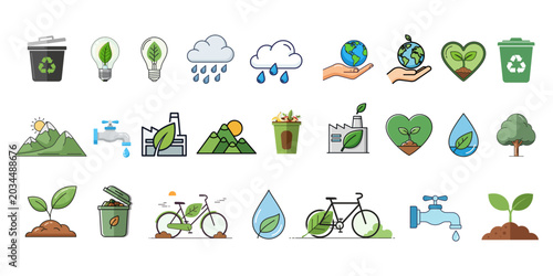 Ecology and environmental sustainability flat icon set.