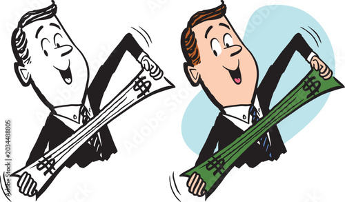 Obraz na plátne A vintage retro cartoon of a frugal businessman literally stretching a dollar