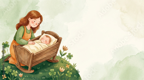 Mother watching over baby in crib surrounded by flowers and greenery  