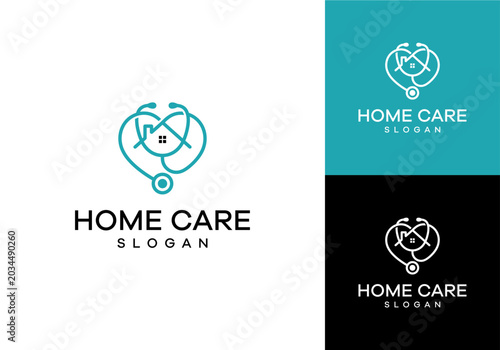 Modern medical home care logo featuring a heart-shaped stethoscope embracing a house icon, symbolizing compassionate in-home health services, patient support, and dedicated healthcare