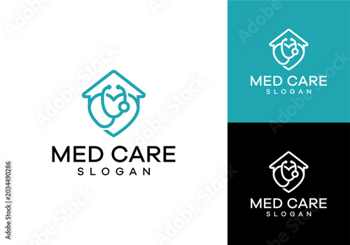 Clean vector logo design for medical care, integrating a stethoscope into a heart-shaped house, symbolizing comprehensive health protection and home care services