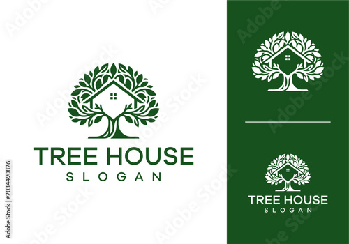 Organic tree house logo design for nature-inspired homes and eco-friendly real estate businesses, symbolizing growth and sustainable living solutions