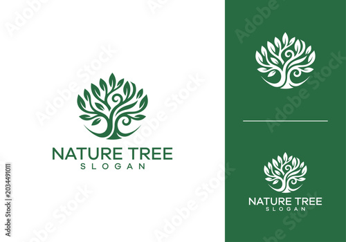 Elegant circular logo of a vibrant green stylized tree with swirling branches and lush leaves, symbolizing natural growth, organic life, and environmental vitality for branding