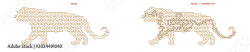 Photos Cheetah silhouette maze brain teaser with solution path, wild African animal lab