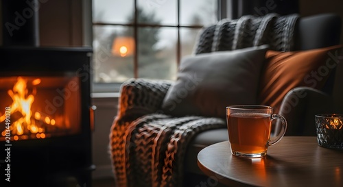Cozy interior scene with fireplace tea and comfortable armchair