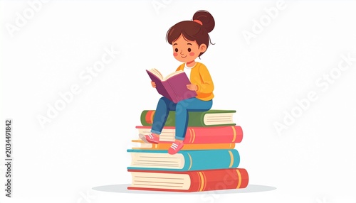 Cute little boy reading a book while sitting on a stack of colorful books, cartoon vector illustration for education, learning, literacy, and childhood concepts.