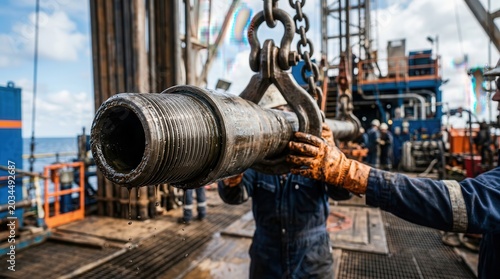 Close-up of a worker managing tubular tools and fluid on an offshore oil rig.
