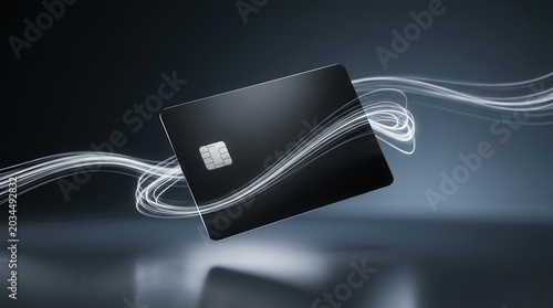 A digital wallet and contactless payment concept featuring a sleek card with light trails.