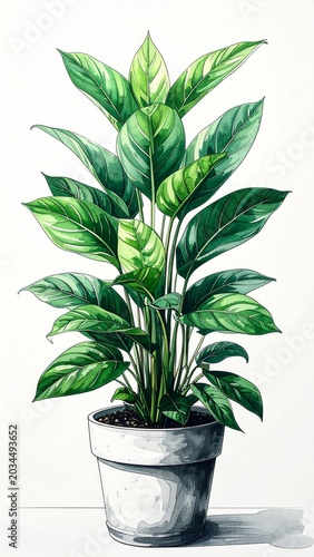 Green Foliage Plant in Gray Pot With Light Background and Pixelated Style