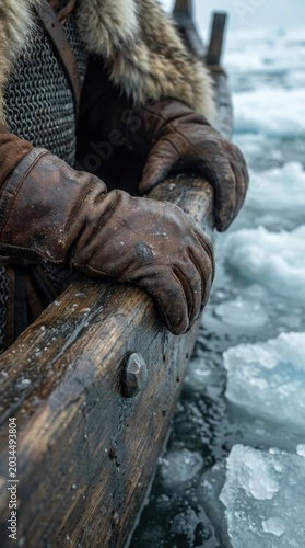 Cinematic Viking sea giant encounter with warrior gripping longship rail in pack ice