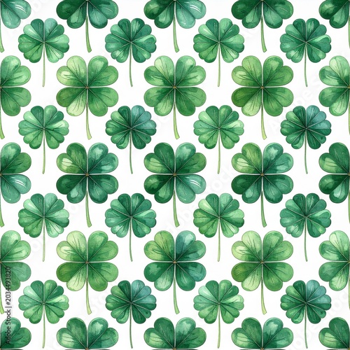 Seamless Pattern of Green Watercolor Four Leaf Clovers on White Background