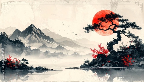 Pixel Art Landscape with Red Sun Mountains and Serene Water Reflection