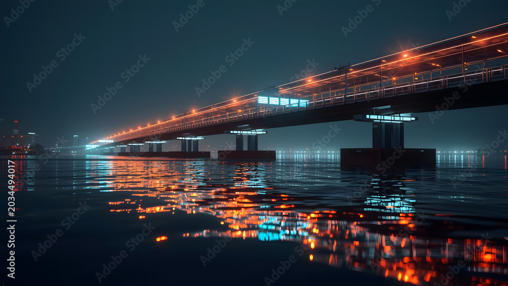 Fototapeta premium Modern Bridge Illuminated at Night with Glowing Reflections on Water Surface