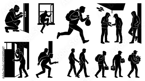 Criminal activity silhouettes showing burglary theft and illegal transactions