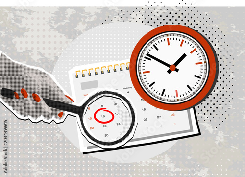 Trendy halftone collage with a hand holding magnifying glass look at the calendar with clock on the wall and marking one day on it. Trendy newspaper cut out paper elements. Vector illustration.